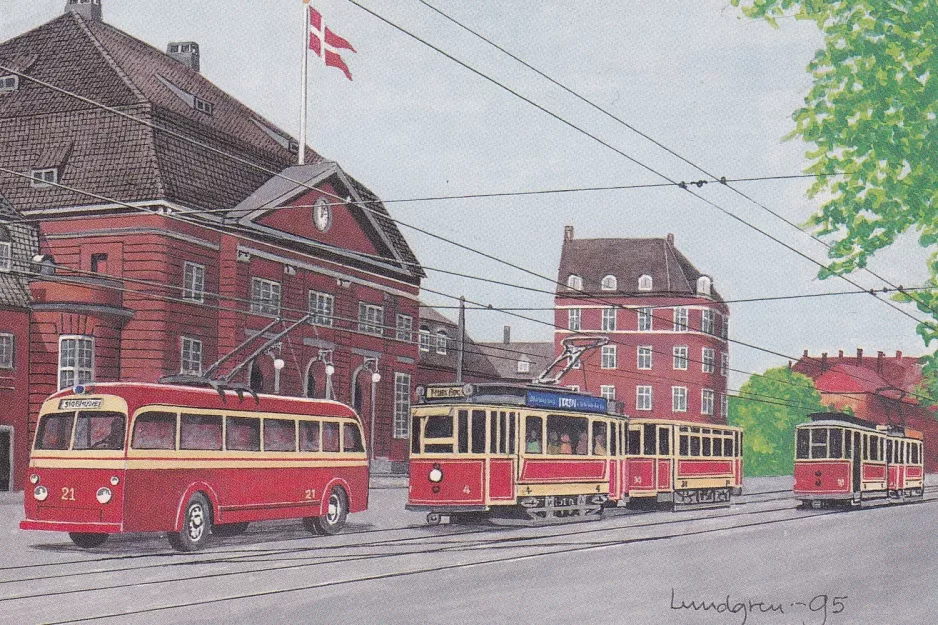 Postkort: Odense Hovedlinie med motorvogn 4 foran Banegården (1949-1951)