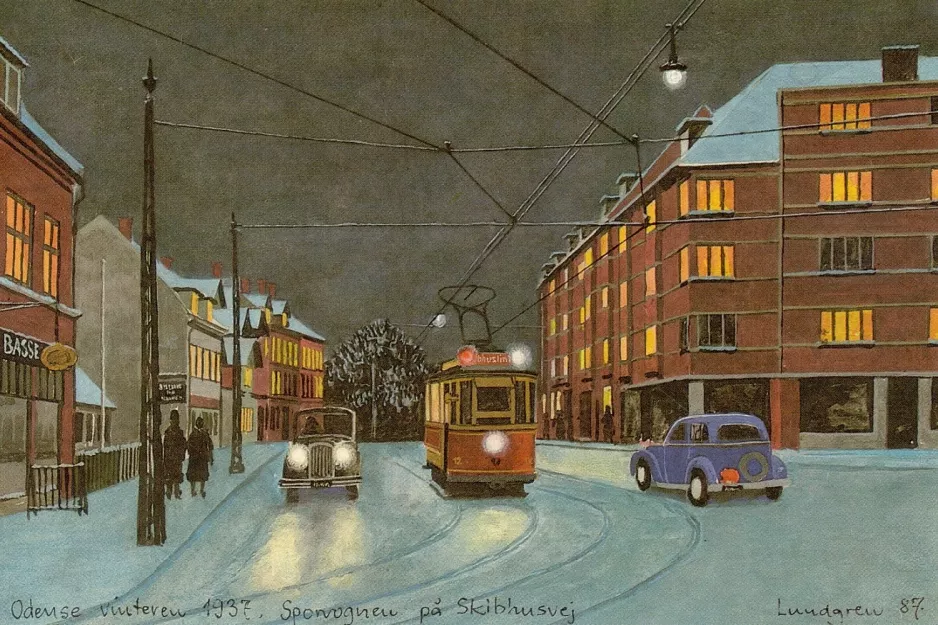 Postkort: Odense Skibhuslinie med motorvogn 12 på Skibhusvej (1937)