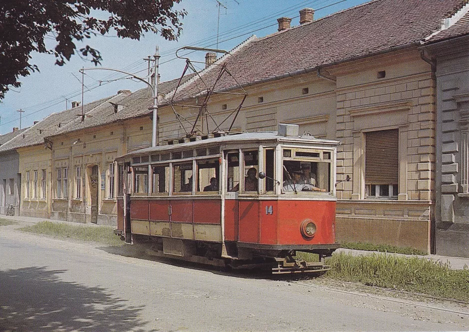 Postkort: Osijek sporvognslinje 2 med motorvogn 14 på Europska avenija (1970)