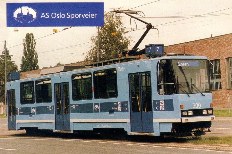 Postkort: Oslo motorvogn T 200 "Praha" ved remisen Holten (1988)