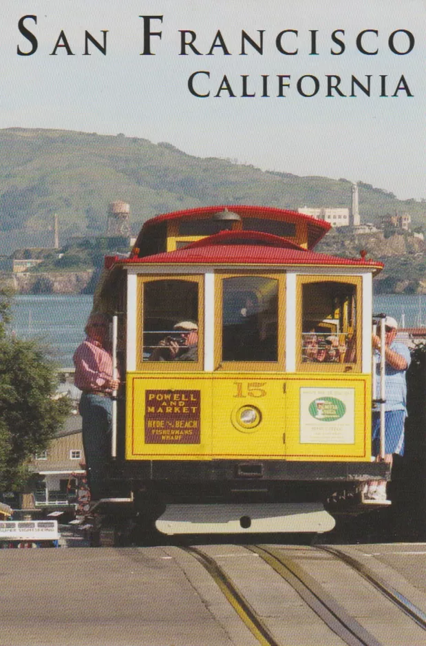 Postkort: San Francisco kabelbane Powell-Mason med kabelsporvogn 15 på Hyde Street (1979)