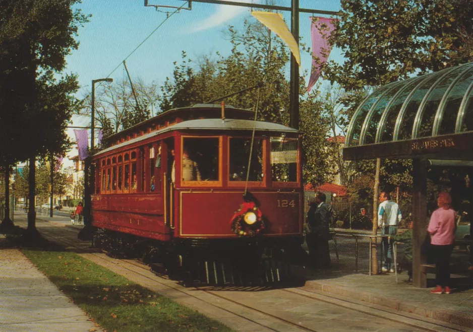 Postkort: San Jose History Park linje med motorvogn 124 ved St. James Park (1988)