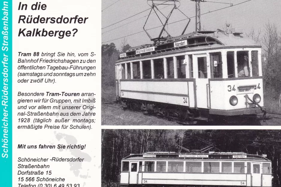 Postkort: Schöneiche museumslinje med museumsvogn 34 nær Rüdersdorfer Kalkberge (1988)