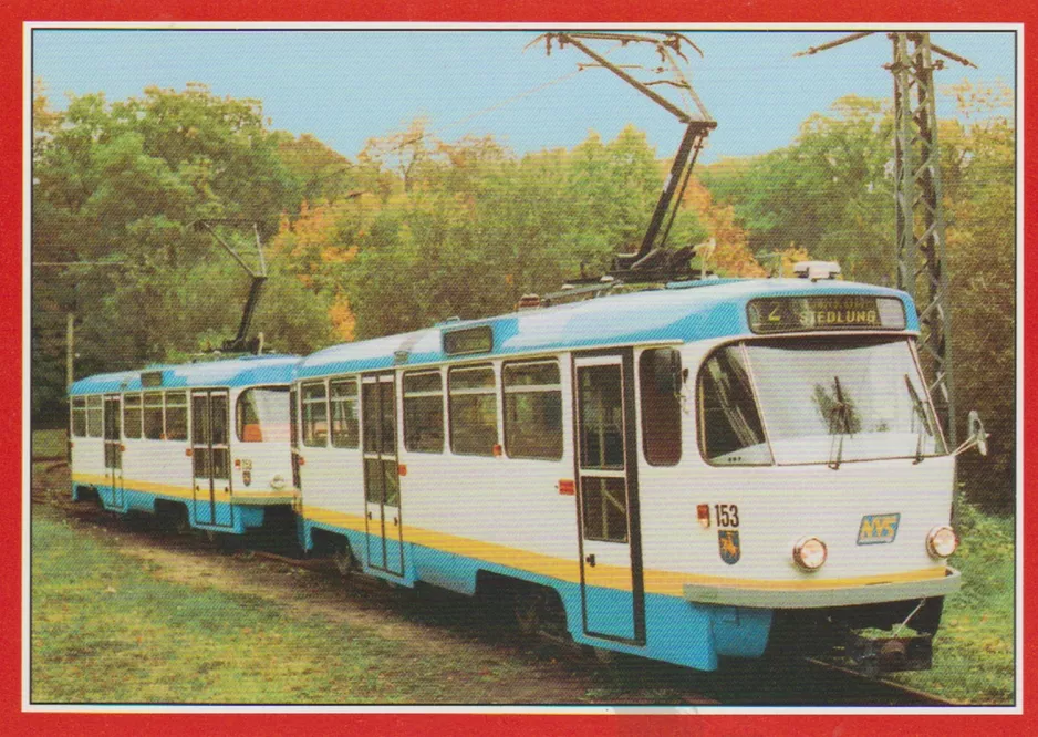 Postkort: Schwerin motorvogn 153 ved remisen Ludwigsluster Chaussee (1993)