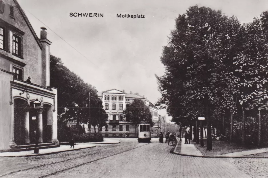 Postkort: Schwerin sporvognslinje 1  på Platz der Freiheit (1908)