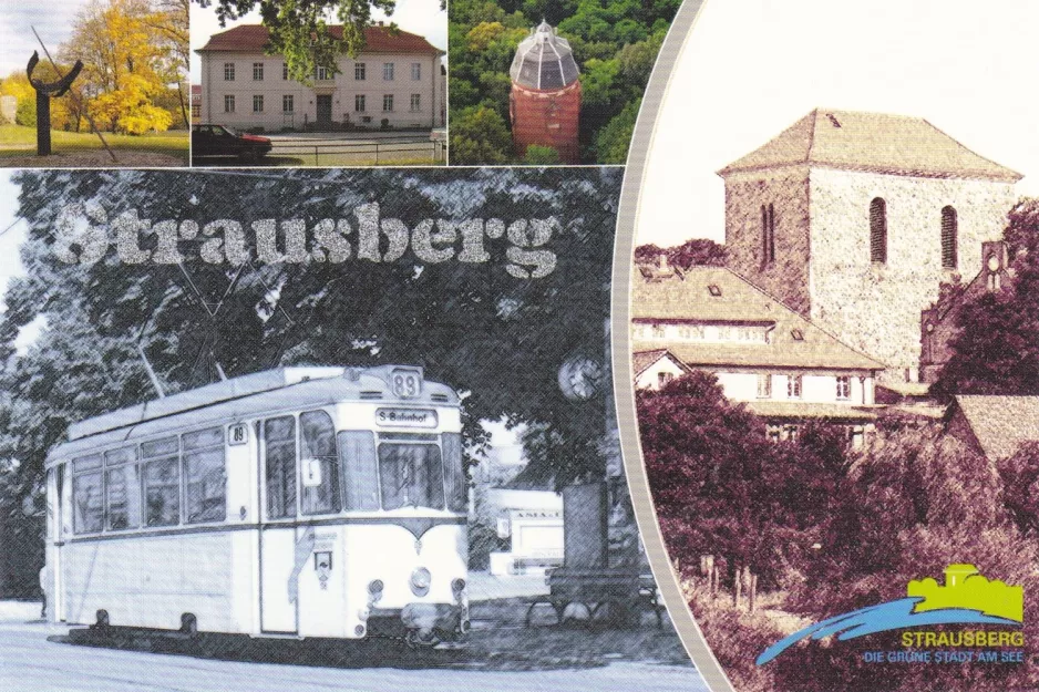 Postkort: Strausberg sporvognslinje 89 med motorvogn 06 ved Lustgarten (1990)