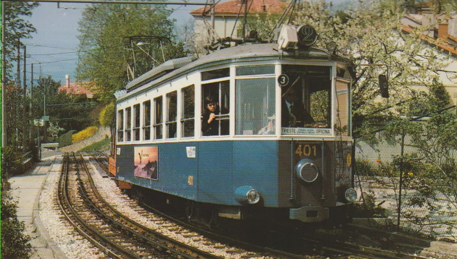 Postkort: Trieste kabelbane Tram di Opicina 2 med motorvogn 401 nær Via di Romagna (1971)