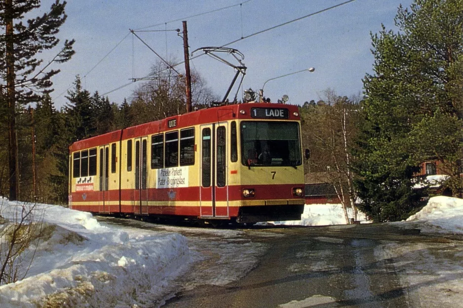 Postkort: Trondheim sporvognslinje 9, Gråkallbanen med ledvogn 7 nær Herlofsonløypa (1988)