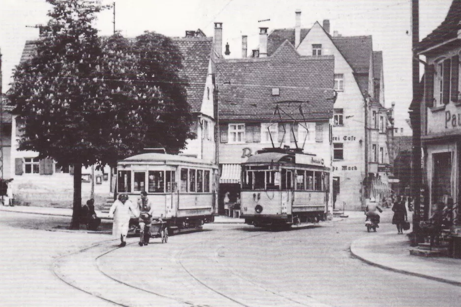 Postkort: Ulm sporvognslinje 1 med motorvogn 18 ved Söflingen (1962)