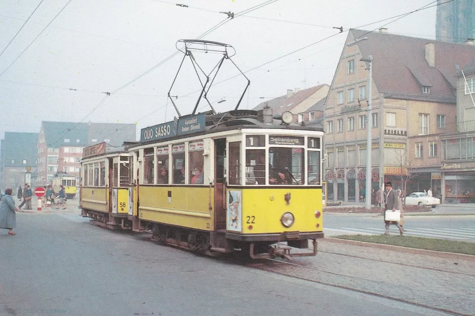 Postkort: Ulm sporvognslinje 1 med motorvogn 22 på Olgastr. (1962)