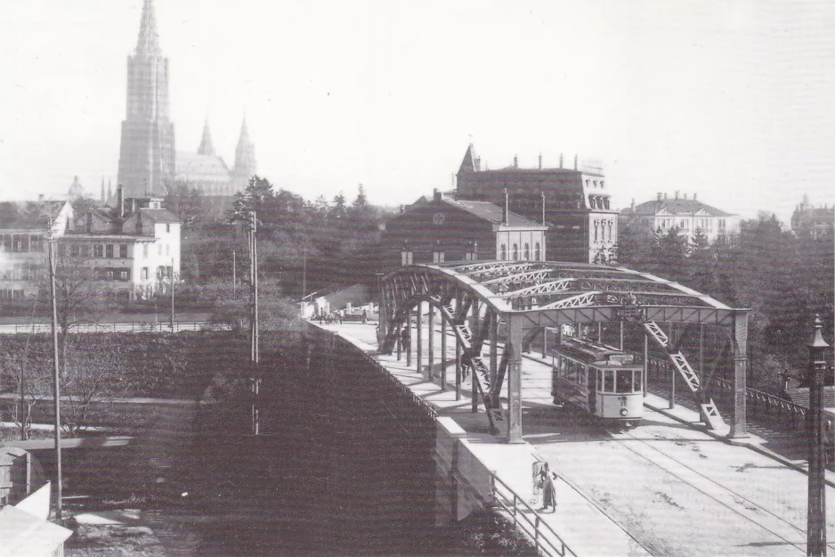 Postkort: Ulm sporvognslinje 1 med motorvogn 5 på Zinglerbrücke (1906)