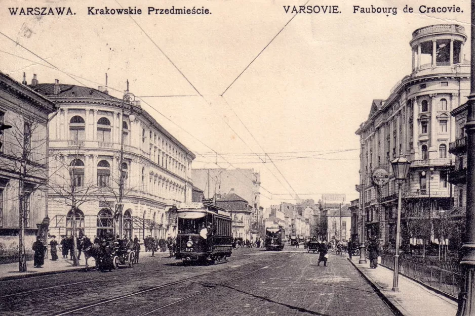 Postkort: Warszawa sporvognslinje 9 med motorvogn 107 på Krakowskie Przedmieście/Faubourg de Cracovie (1908)