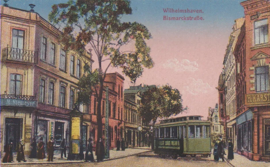 Postkort: Wilhelmshaven sporvognslinje 3  nær Bismarck- / Ecke Jachmannstr. (1913)