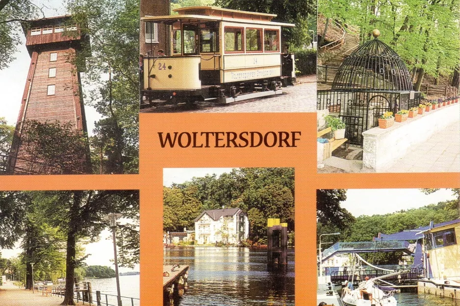 Postkort: Woltersdorf museumslinje Tramtouren med museumsvogn 24 ved Schleuse (1988)