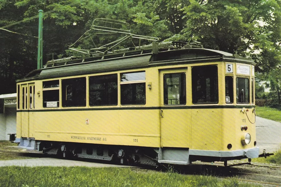 Postkort: Wuppertal BMB med motorvogn 105 ved Schulkohlfurth (1985)