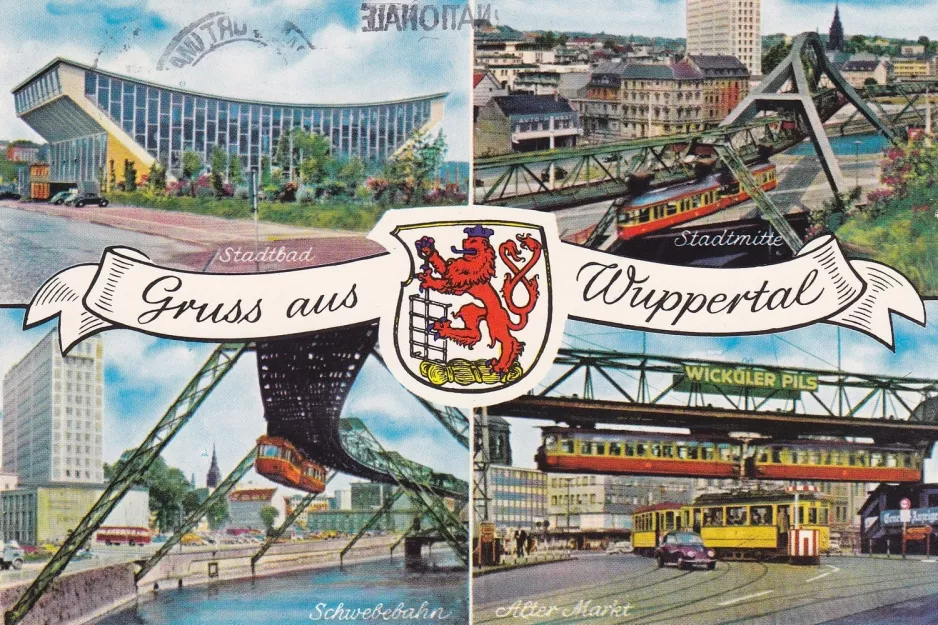 Postkort: Wuppertal  Stadtbad - Stadtmitte - Schwebebahn - Alter Markt. (1960)