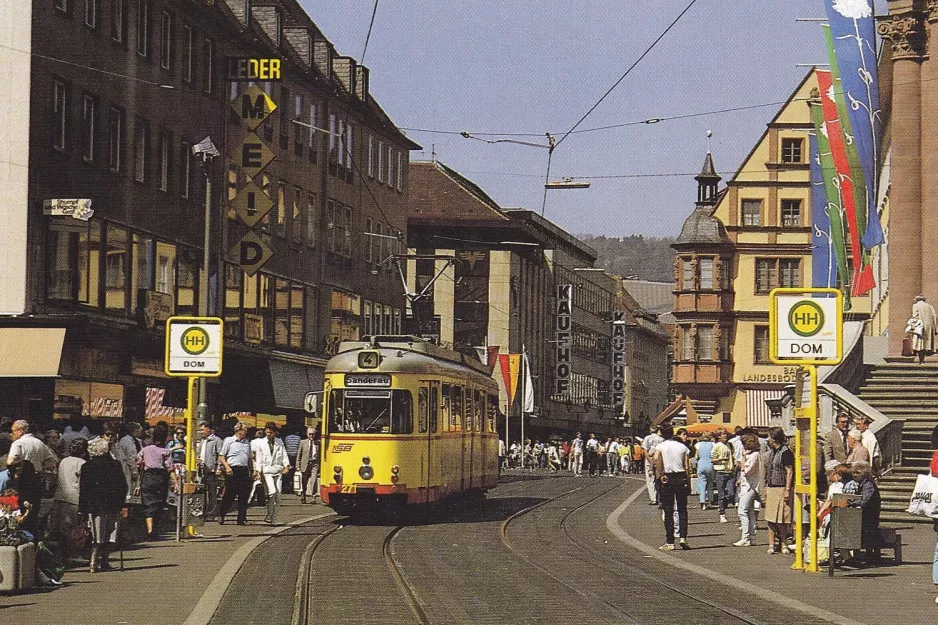 Postkort: Würzburg sporvognslinje 4 med ledvogn 271 ved Dom (1986)