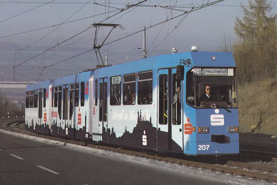 Postkort: Würzburg sporvognslinje 5 med ledvogn 207 ved Berner Str. (1989)