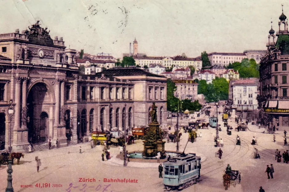 Postkort: Zürich på Bahnhofplatz (1907)