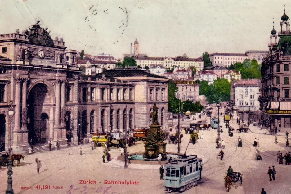 Postkort: Zürich på Bahnhofplatz HB (1907)