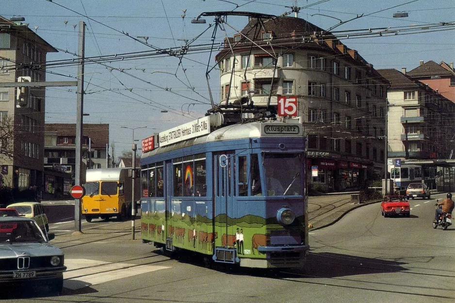 Postkort: Zürich sporvognslinje 15 med motorvogn 1521 på Schaffhauserplatz (1985)