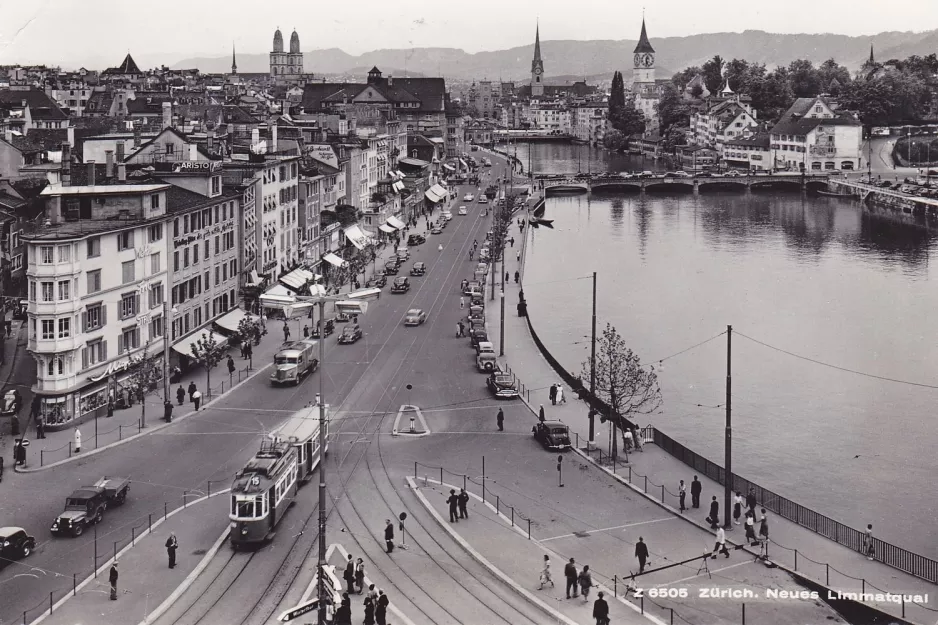 Postkort: Zürich sporvognslinje 15 på Limmatquai (1950)