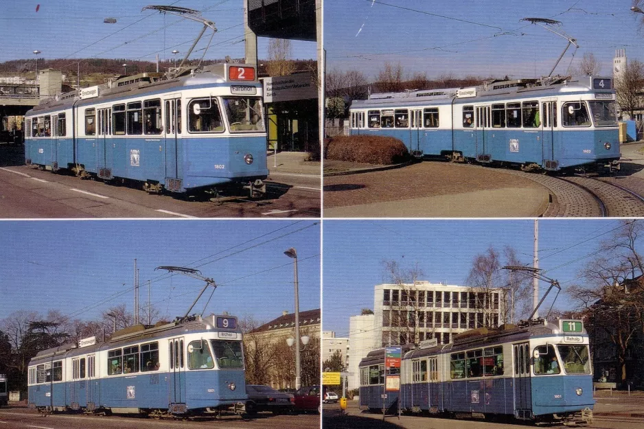 Postkort: Zürich sporvognslinje 2 med ledvogn 1802 i Zürich (1990)