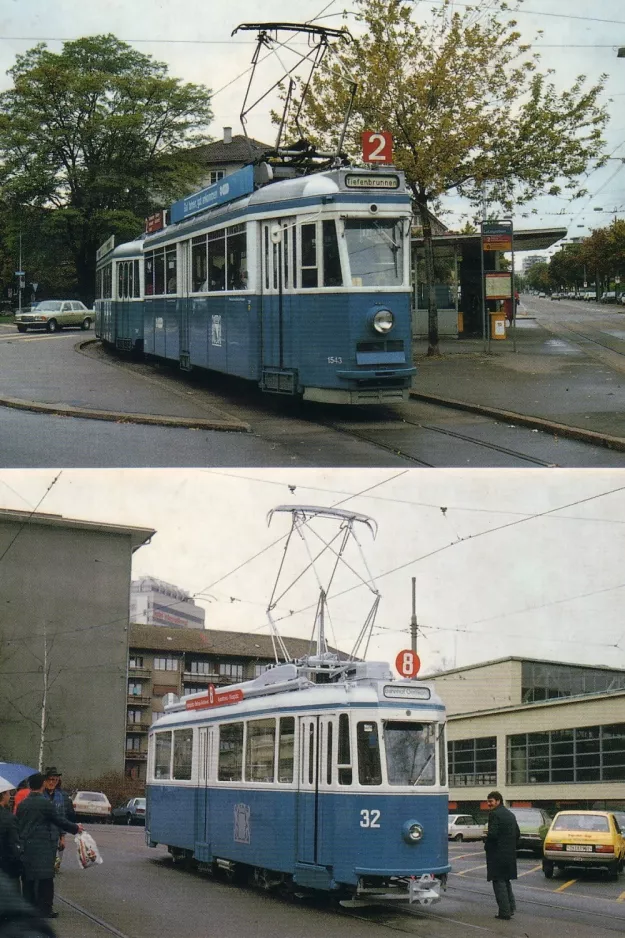 Postkort: Zürich sporvognslinje 2 med motorvogn 1543 ved Depot Oerlikon (1982)