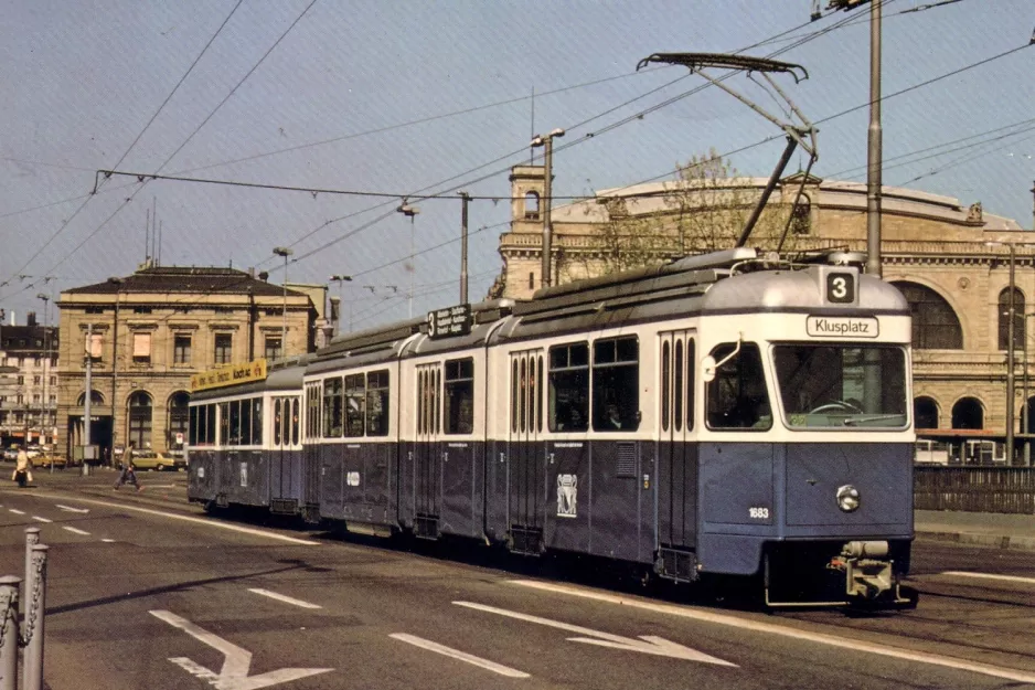 Postkort: Zürich sporvognslinje 3 med ledvogn 1663 på Bahnhofbrücke (1981)