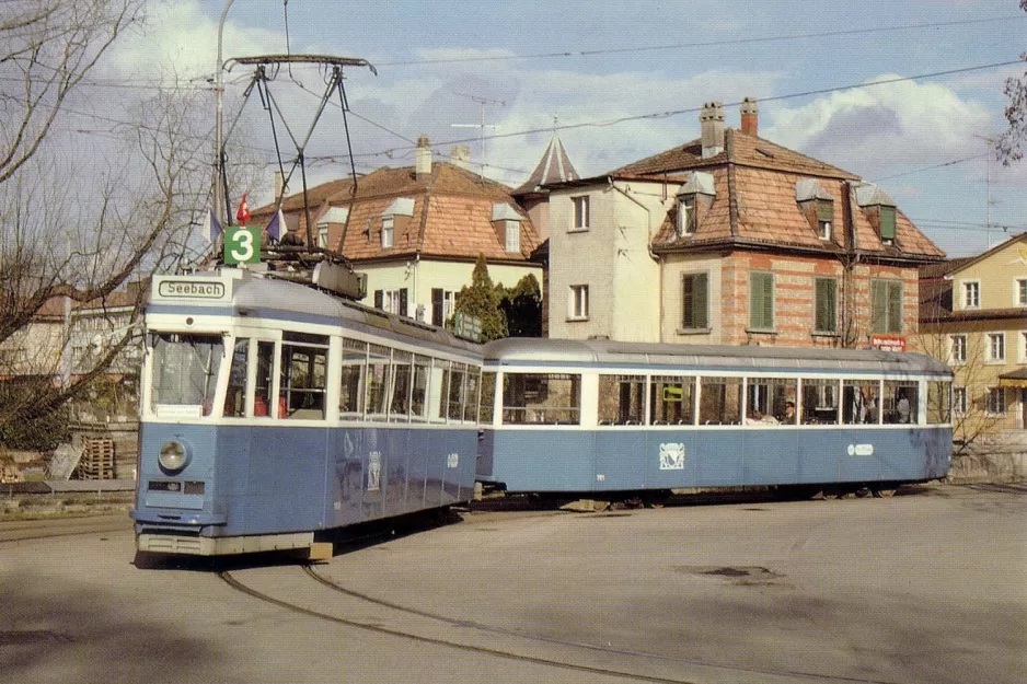 Postkort: Zürich sporvognslinje 3 med motorvogn 1519 ved Seebach (1987)