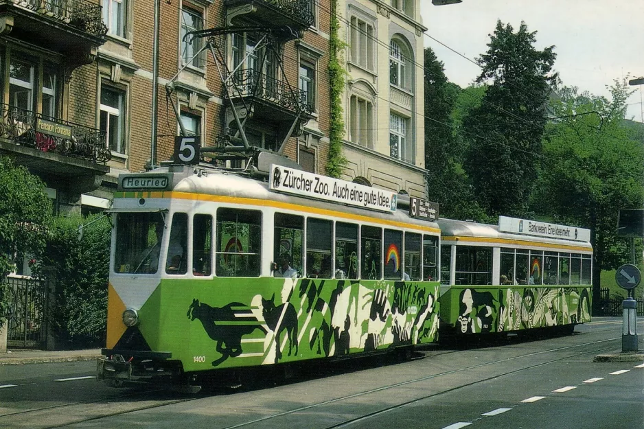 Postkort: Zürich sporvognslinje 5 med motorvogn 1400 på Voltastrasse (1985)