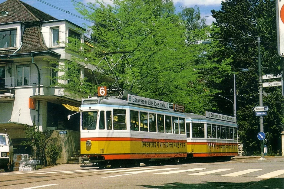 Postkort: Zürich sporvognslinje 6 med motorvogn 1389 på Toblerplatz (1987)