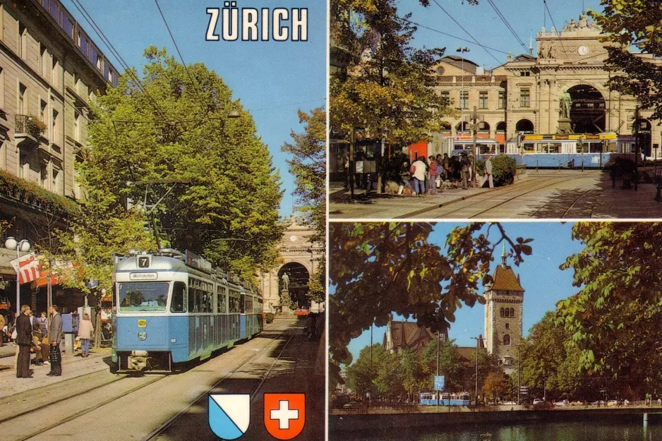 Postkort: Zürich sporvognslinje 7  ved Bahnhofstr. / HB (1977)