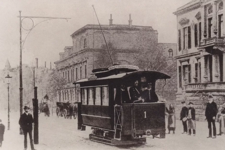 Postkort: Zwickau motorvogn 1 på Äußere Schneeberger Straße (1894)