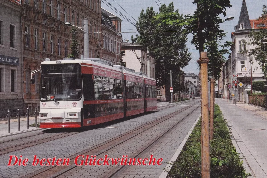 Postkort: Zwickau sporvognslinje 3 med lavgulvsledvogn 906 nær Saarstr. (2000)