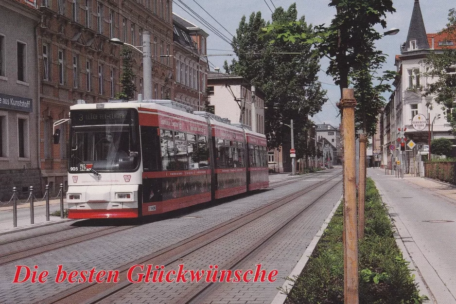 Postkort: Zwickau sporvognslinje 3 med lavgulvsledvogn 906 på Äußere Schneeberger Straße (2000)