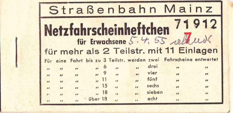 Rabatbillet til Mainzer Mobilität, forsiden (1955)