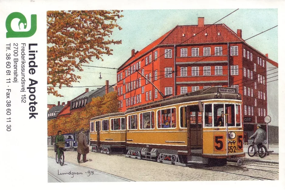 Receptkuvert: København sporvognslinje 5 med motorvogn 552 ved Brønshøj (1995)