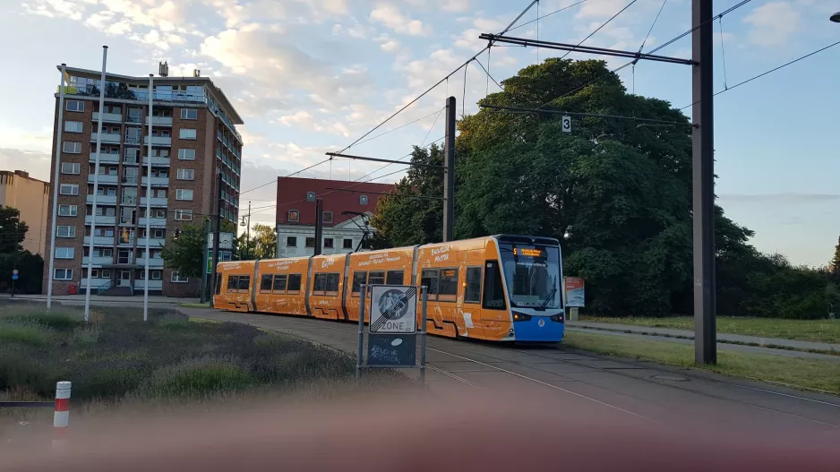 Rostock sporvognslinje 5 med lavgulvsledvogn 601 på Neuer Markt (2022)