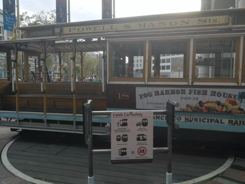San Francisco kabelbane Powell-Mason med kabelsporvogn 18 ved Powell & Market (2019)