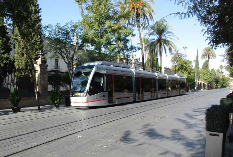 Sevilla sporvognslinje T1 med lavgulvsledvogn 302 på Calle San Fernando (2017)