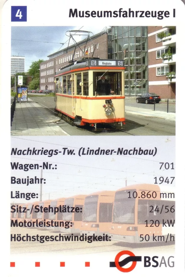 Spillekort: Bremen 16 Ringlinie med motorvogn 701 på Gustav-Deetjen-Allee (2006)