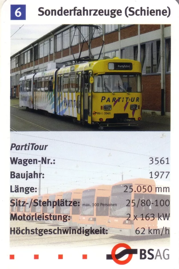 Spillekort: Bremen ledvogn 3561 "Roland der Riese" ved remisen Gröpelingen (2006)