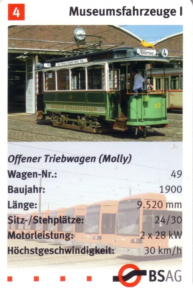 Spillekort: Bremen motorvogn 49 "Grüne Minna" foran remisen Sebaldsbrück (2006)