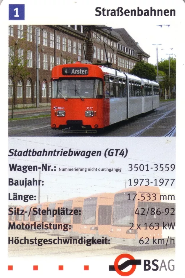 Spillekort: Bremen sporvognslinje 4 med ledvogn 3537 på Bürgermeister-Smidt-Straße (2006)