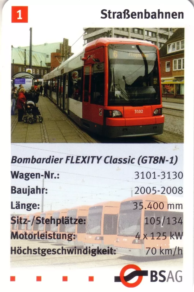 Spillekort: Bremen sporvognslinje 6 med lavgulvsledvogn 3102 (2006)
