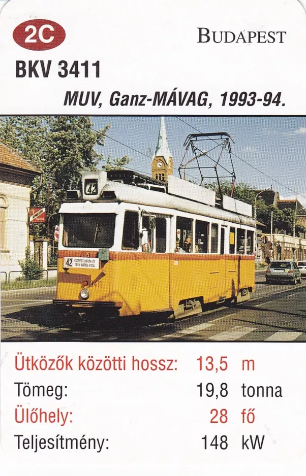 Spillekort: Budapest sporvognslinje 42 med motorvogn 3411 på Ady Endre út (2014)