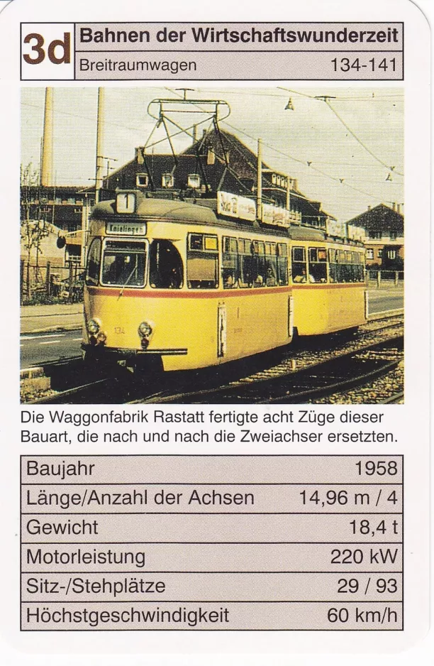 Spillekort: Karlsruhe sporvognslinje 1 med motorvogn 134 Bahnen der Wirtschaftswunderzeit Breitraunwagen 134 (2002)