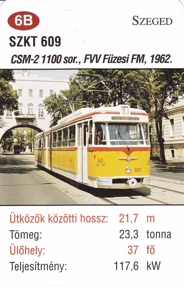 Spillekort: Szeged sporvognslinje 1 med ledvogn 609 (2014)