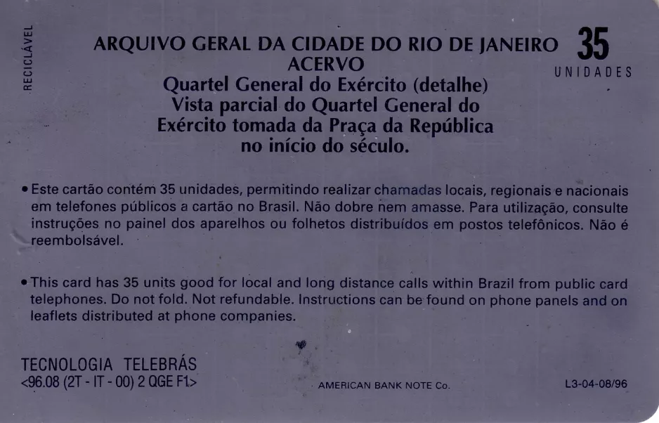 Telekort: Rio de Janeiro, bagsiden 35 (1996)